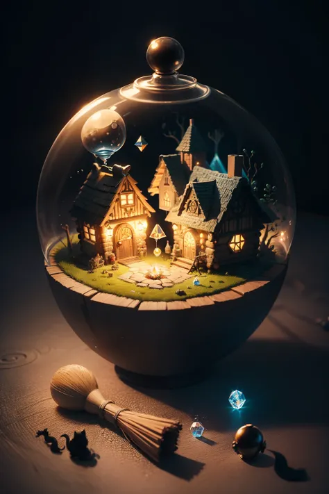 isometric design，cut-away，The witchs cabin，Magic pot，Bubbling magic liquid，black cats，broom，crystal sphere，mini sence，adolable，dream magical，Incredibly detailed background，Detailed items