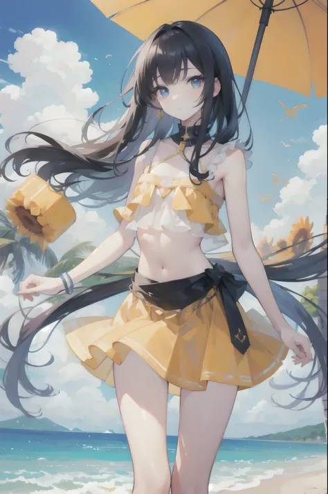 ((Masterpiece)),(((Best quality))),（k hd），bright sun，ray traycing，1girll，chiquita，floated hair，（Superbly detailed eyes），Collar，Very flat chest，Thin clothing，Superskirt，（The looming flesh）