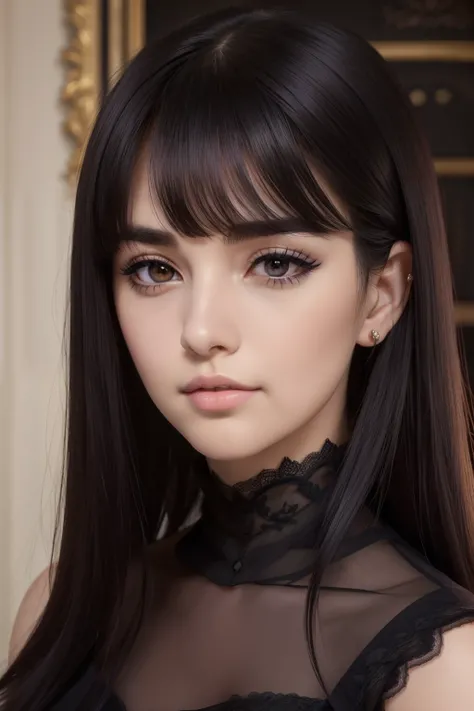 masterpiece, best quality, realistic, mature female, cute, 25 years old, closed mouth, portrait, extremely detailed face, warm, (dark purple eyes), ((Black long hair)), ((front bangs hair)), [thin eyebrows], dark palace, ((elegant dark black dress)), sligh...