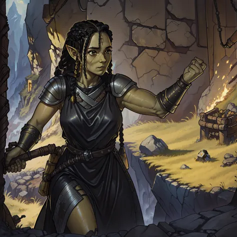 beautiful female orc blacksmith wearing light leather armor, solo, alone, has long black braided hair, wearing yellow dress,