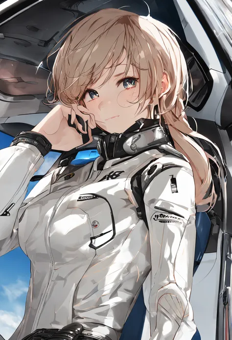 The highest image quality、Exceptional detail、超A high resolution、(Realstic:1.4)、high-detail、Favor the details、Highly condensed 1girl、Longhaire、delicate and beautiful face、Dressed in a white leather racing suit、Racing on a black motorcycle、The background is ...