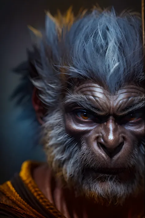 Black myth Goku，monkeys，head portrait，Close-up，of a real，Facial features are carefully depicted，Realistic skin texture，Dark style，depth of fields，high light，Real light，Ray traching，oc rendered，Hyper-realistic，best qualtiy，8K，Works of masters，super-fine，Det...