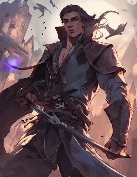 (superfine illustration, Best Quality, Ultra-detailed, medieval:1.5), (proficient male assassin, male focus, solo:1.5), fighting pose, (unapproachable vibe, Lack of emotional ups and downs, Perfect fingers, Perfect hands:1.5), 25 years old, (toned:0.9), (a...