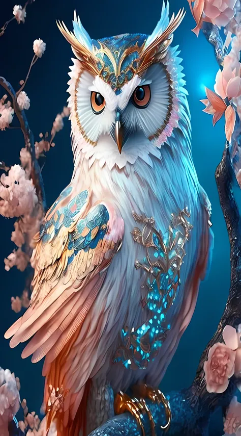 A closeup of a bird sitting on a branch with flowers, Coruja Radiante, Animais bonitos detalhados, coruja branca brilhante, coruja incandescente, 8k arte detalhada de alta qualidade, beautiful animal pearl queen, Arte altamente detalhada em 4K, arte digita...