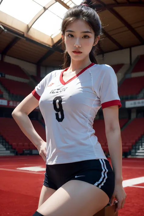 ((tmasterpiece, best qualtiy)),A highly detailed,8K,realistic focus,Complicated details,a big breast chinese girl,Female volleyball player,Volleyball uniform,(((Wearing the number 9 shirt))),over knee socks,(((Indoor arena background))),Tall guy,long leges...