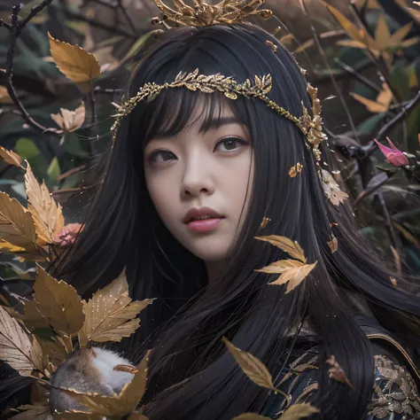 32K（tmasterpiece，k hd，hyper HD，32K）Long flowing black hair，Bamboo forest pond，zydink， a color，  Asian people （Silly girl）， （Silk scarf）， Combat posture， looking at the ground， long whitr hair， Floating hair， Carp pattern headdress， Chinese long-sleeved clo...