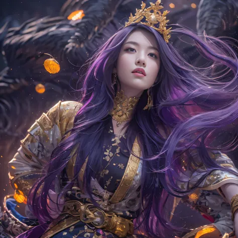 32K（tmasterpiece，k hd，hyper HD，32K）Long flowing bright purple hair，Autumn Pond，zydink， a color，  Asian people （Silly girl）， （Silk scarf）， Combat posture， looking at the ground， long whitr hair， Floating bright purple， Fire cloud pattern gold tiara， Chinese...