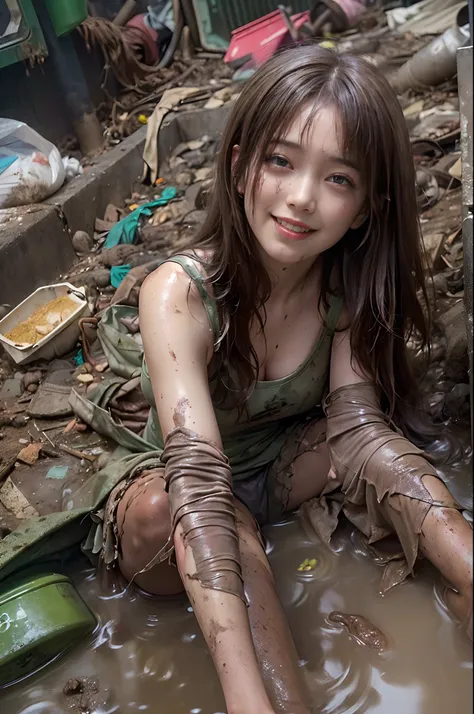 realisitic、top-quality、crisp photos、((Brick underground tunnel、Foul-smelling sewer、Littered with filth、Sewage channels full of feces、a lot of garbage and junk、The dirtiest sewer))、Bricks are covered with moss、((beautiful a girl、Constricted waist、Neat face、...