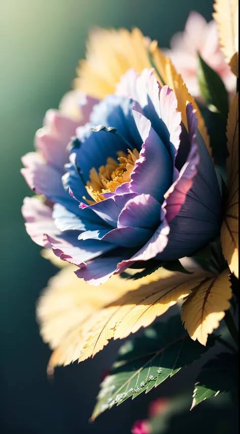 Masterpiece , Macro photography , cobweb, film grain, bokeh , green smoke , highly detailed, sunny weather, microflowers, shine, blur, realistic crystal rose and shaggy peony close-up, azure background, soft contrast, octane render ,