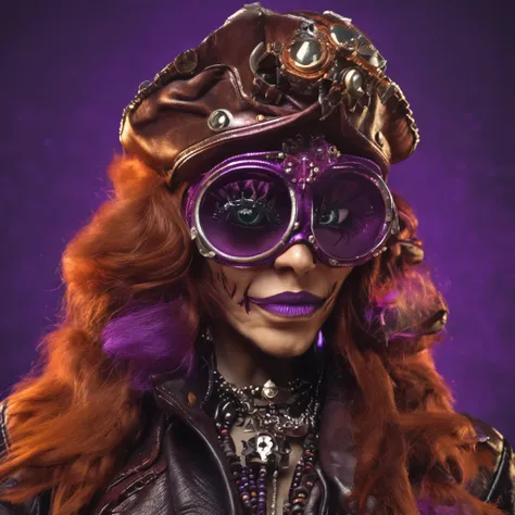 persian cat Anthropomorphic, steampunk ,, , studded leather jacket with intricate ornamentation orange and purple , pirate steampunk theme,, , highest quality,, very angry face, body fitness, full body, long hair with braids , at night in the cemetery with...