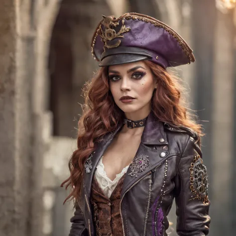 persian cat Anthropomorphic, steampunk ,, , studded leather jacket with intricate ornamentation orange and purple , pirate steampunk theme,, , highest quality,, very angry face, body fitness, full body, long hair with braids , at night in the cemetery with...