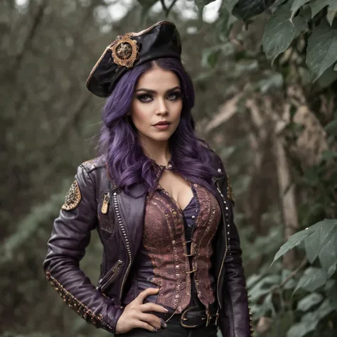 persian cat Anthropomorphic, steampunk ,, , studded leather jacket with intricate ornamentation orange and purple , pirate steampunk theme,, , highest quality,, very angry face, body fitness, full body, long hair with braids , at night in the cemetery with...