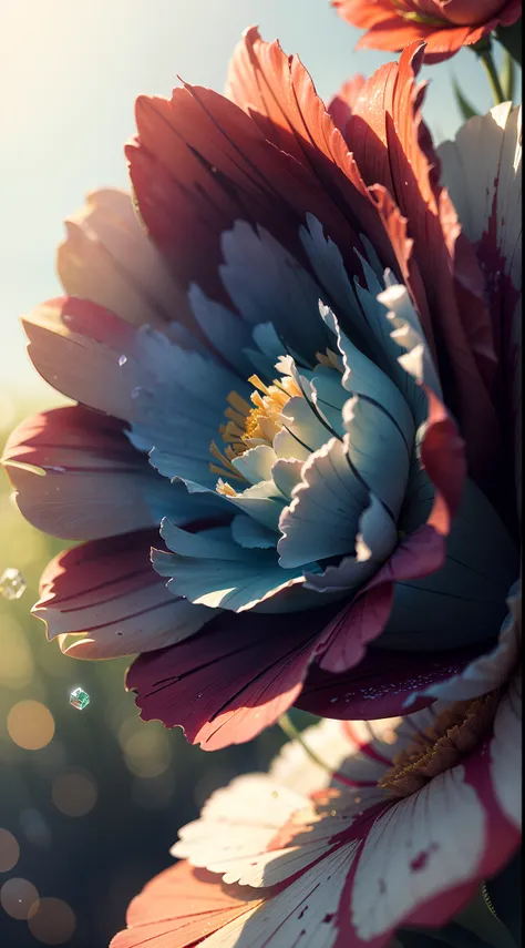 Masterpiece , Macro photography , cobweb, film grain, bokeh , green smoke , highly detailed, sunny weather, microflowers, shine, blur, realistic crystal rose and shaggy peony close-up, azure background, soft contrast, octane render ,