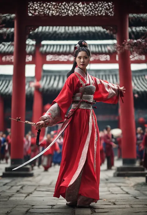 A woman dressed in red Chinese Han clothes holds a sword in front of a crowd, xianxia fantasy, Wuxia, full-body wuxia, Hanfu, xianxia hero, inspired by Du Qiong, Chinese fantasy, three kingdom, palace, A girl in Hanfu, Aegis, The costumes are exquisite, Be...