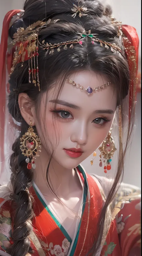 1 very beautiful queen medusha in hanfu dress, thin red silk shirt with many yellow motifs, black lace top, long hair dyed black, beautiful hair jewelry, extremely detailed and exquisitely crafted jewelry, gold jewelry, red ruby inlaid necklaces, pretty fa...