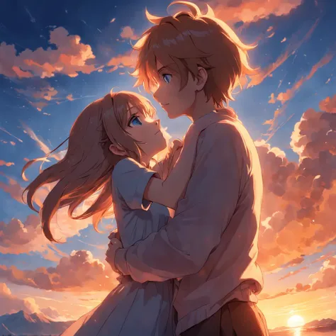 tmasterpiece，best qualtiy，cinematic Film still from，1girll，Cloud boy and girl hug，Floating in the sky，closeup cleavage，brightly，cheerfulness，Warm and soft lighting，the sunset