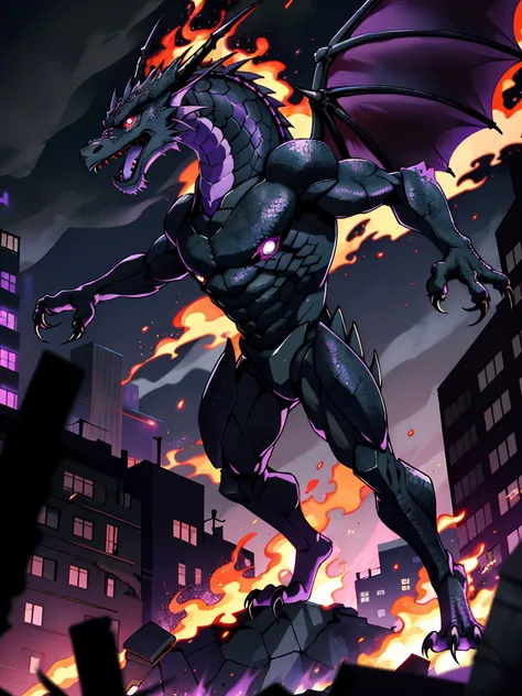 A black dragon，Burn purple inflammation，purpura，big dragon，Western Dragon，Night，Black Themes，Ruined city background，Solo，Burning ruined city