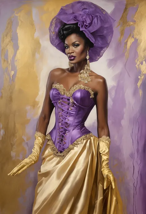 "A confident princess adorned in regal purple attire, flaunting intricate lace details and sparkling gold high heels. gold sling bikini, elegant white silk gloves, and a cinched corset."