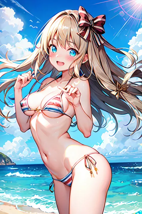 Masterpiece, best quality, Yukka Ende, ((blush, embarrassed)), open mouth, outside, sky, day, ocean, perfect lighting, (red small hair bows), blue eyes, 1girl, solo, no swimsuit, lying on beach, loli, middle chest, (nsfw), nipples, pussyshot, (accidental e...