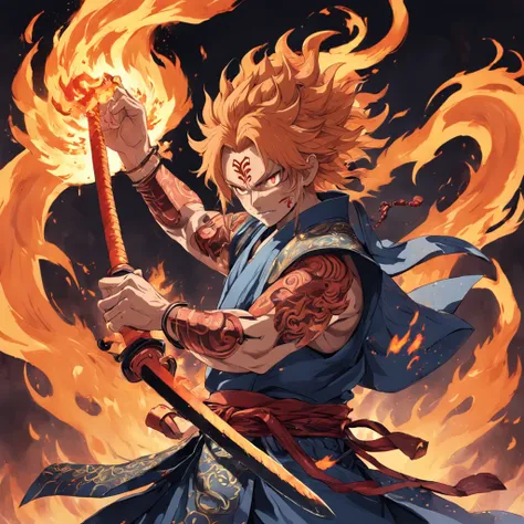 I want to draw Fudo Myōō, the Ming King of Buddhism, with a touch like an old samurai。Dressed in flames and flames covered mainly with human parts。I have a sword in my hand。