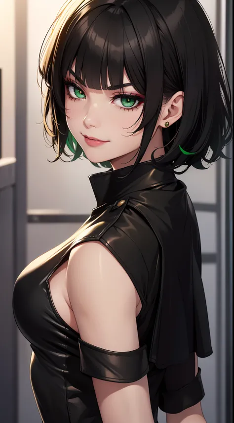 young girl, short black hair, Green eyes, black tight dress, Gold Elements, red elements, black eye shadow, Green lipstick, smirk, Masterpiece, hiquality