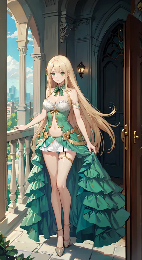 blonde hair, long hair, green eyes, green gown, short skirt, slim legs, navel, balcony, shacking, cleavage, bend over, blank eyes, thigh high socks