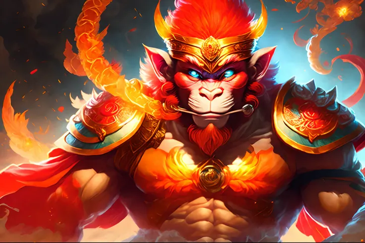 "Monkey King Sun Wukong in a powerful and majestic pose, showcasing his strength and mystical abilities. Detailed facial features with fiery eyes and a mischievous smile. Dramatic lighting with vibrant colors and dynamic shadows. Surrounding environment fe...