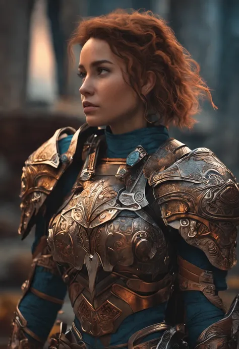 Detailed warrior girl with huge armor full of details and ornaments,Beautiful girl with very short hair