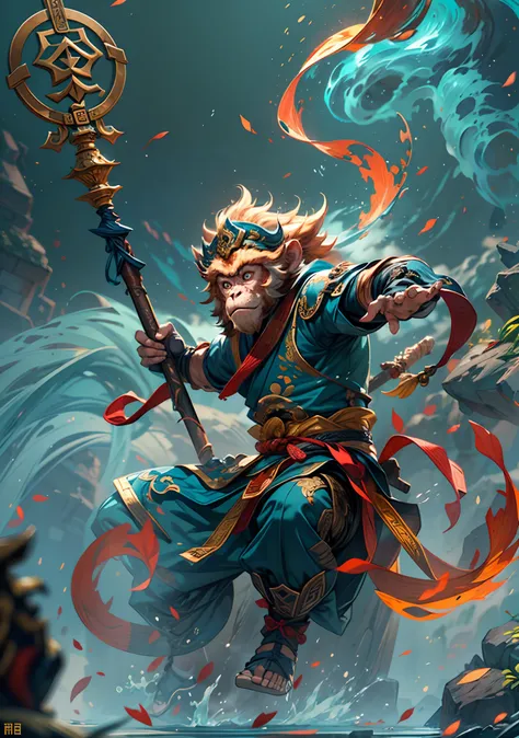 masterpiece, concept art, mid shot, dynamic pose, centered, splash art, sun wukong, (anthropomorphism, monkey king god, holding ...