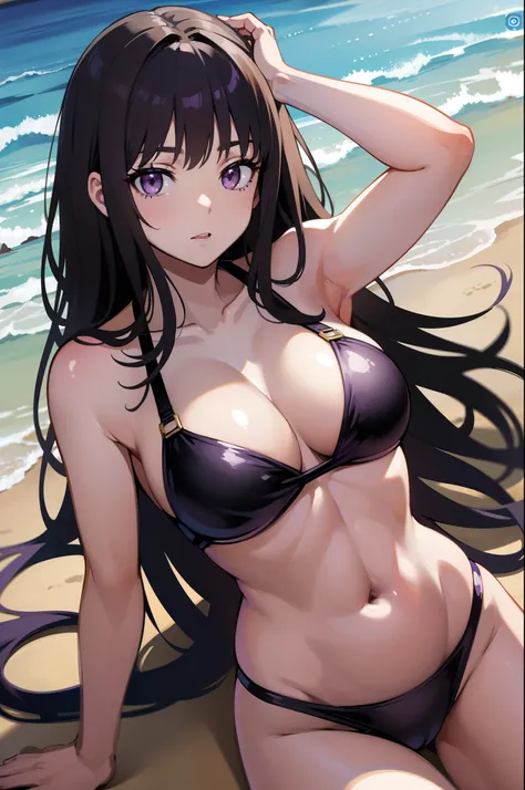 (masterpiece, best quality),Inoue Takina, Long hair, Bangs, Black hair, (Purple eyes:1.2), large breasts, bikini, beach, dog