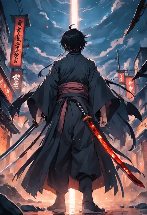 One guy、Katana in hand，The katana reflection is very realistic，His cloak covered his face，His hand was on the hilt，Body precursor，There are a lot of enemies around，The atmosphere was very tense，extremy detailed, realistic raytraicing, Epic composition, （Co...