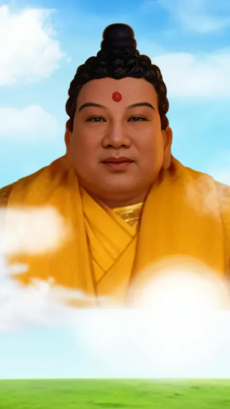 There was a man in a yellow shirt sitting on a cloud, patron saint of 🛸🌈👩🏾, divine background,Buddha statue in the clouds，There is a bright sun above, a Buddhist Buddha, Buddhist, Buddha, beautiful gold saint, Buddhism, background-image, enlightening, Clou...