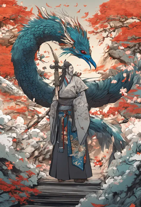 I want to draw a peacock Ming King。, Ming King of Buddhism, With a touch like an old samurai。Surrounded by flames、Mostly covered with human parts。I have a sword in my hand to break disturbing emotions。