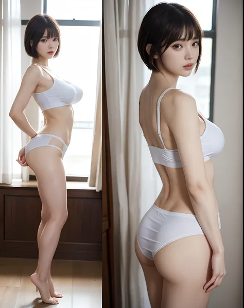 zydG, One of the most beautiful women, More skin, toView, Brown-eyed, (Shorthair with bangs:1.2), (Colossal tits:1.5), (medium areolae:0.8),full body Esbian、Pretty woman with emphasizing slender abs:1.3、((Tank Tops))、(Large open chest)、(Ultra micro mini sk...