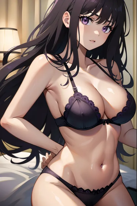 (masterpiece, best quality),Inoue Takina, Long hair, Bangs, Black hair, (Purple eyes:1.2), large breasts, black bra, panties, indoor, bedroom, dynamic pose