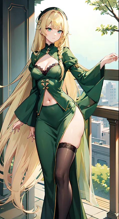 blonde hair, long hair, green eyes, green gown, short skirt, slim legs, navel, balcony, shacking, cleavage, bend over, blank eyes, thigh high socks