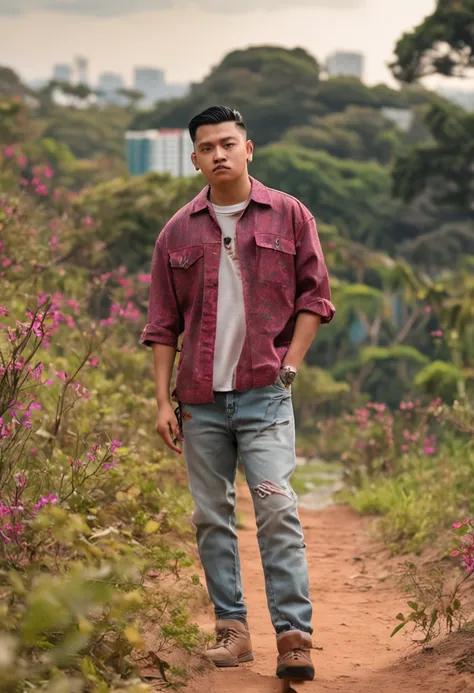 Photo of a 20-year-old korean-brazilian olive-skinned, a few chubby guy with short, salon-cut hair, nose piercing, short mustache and goatee. He manages a shy smile. He wears a brown beret and red overalls, with no shirt. Ibirapuera Park in the background ...