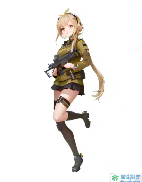 A girl posing with a gun in a frontline character，Dressed in uniform，Fine details。girls frontline style，Kantai collection style，infantry girls，mechanized soldier girl，Anime maid SS military style，Female action anime girl image，M4 Somod II character of Girl...