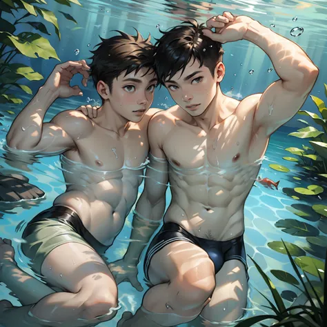 Two boys swimming，Raised sexy，Spring water，