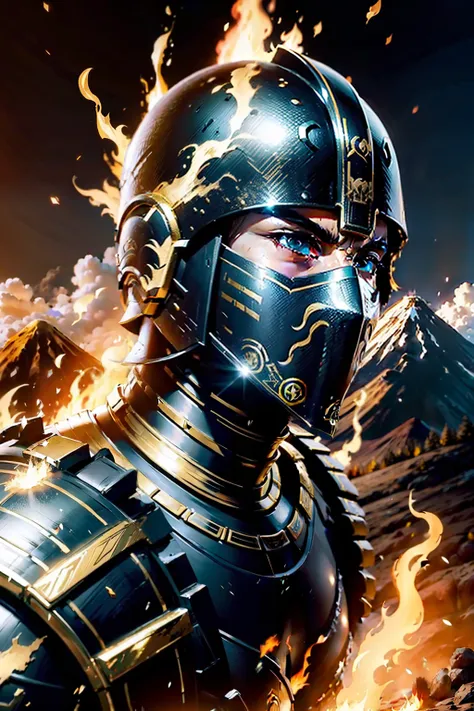 I want a Spartan warrior with gold armor no face volcano background Epic 8K realistic –AR2:3