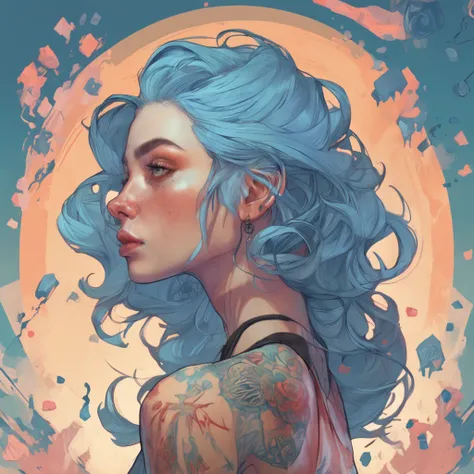 Ultra-high definition 2D art, close-up (1 woman), light blue hair, 2D animation style, soft and delicate depiction, attention also on her full-body tattoos (full-body art), landscape mode, masterpieces by Guweiz and James Jean, tattoo expert designs by CGS...