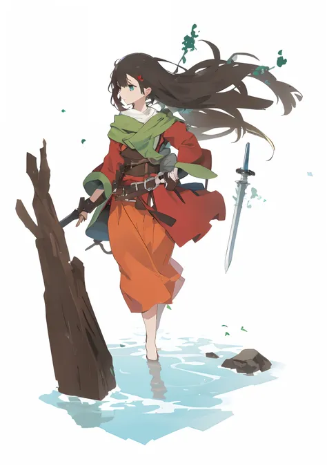 Anime characters with swords and red clothes in the water, Anime girl walking in mountains and water