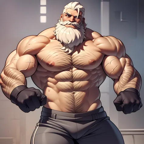 Fullbody of bearded shirtless topless old muscular man punching bag, strong chest, strong arms, large muscles, white hair, white beard, muscular, thick abs, pectorals, thick stomach, navel, large pectorals, thick wrists, big body, heavy muscular, tall body...