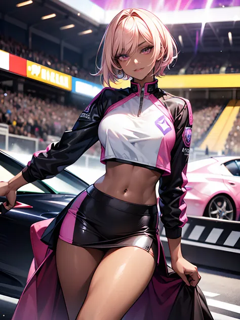 Previous Open Racing Jacket、tight outfit, close up of face, thighs thighs thighs thighs, Delicate girl, Violet crop top, Sleeveless, Violet skirt, Shiny skin, Looking at Viewer, Teen, Pixie Short Hairstyles, Cream yellow hair, shorth hair, long lashes、eyes...