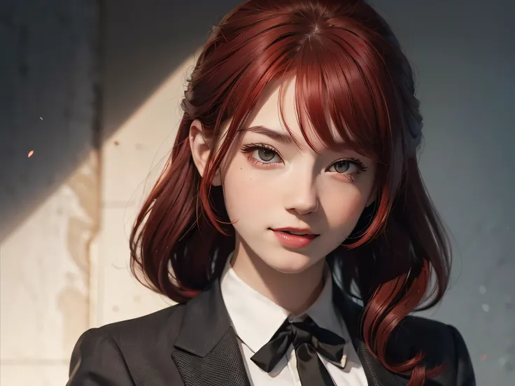 Highly detailed face with round, beautiful black eyes and joy expression, featuring red hair styled in a bang hairstyle. The character is wearing a white shirt and black tie, indicating a formal attire. Age of the character is 20 and there is only one girl...