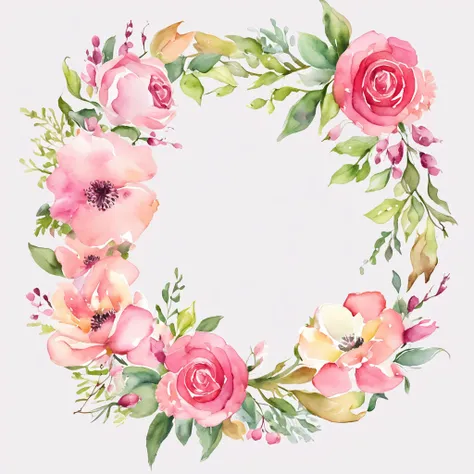 wreath, Floral frame, Delicate watercolor flowers in pink and vibrant rose tones, Engaging illustrations.