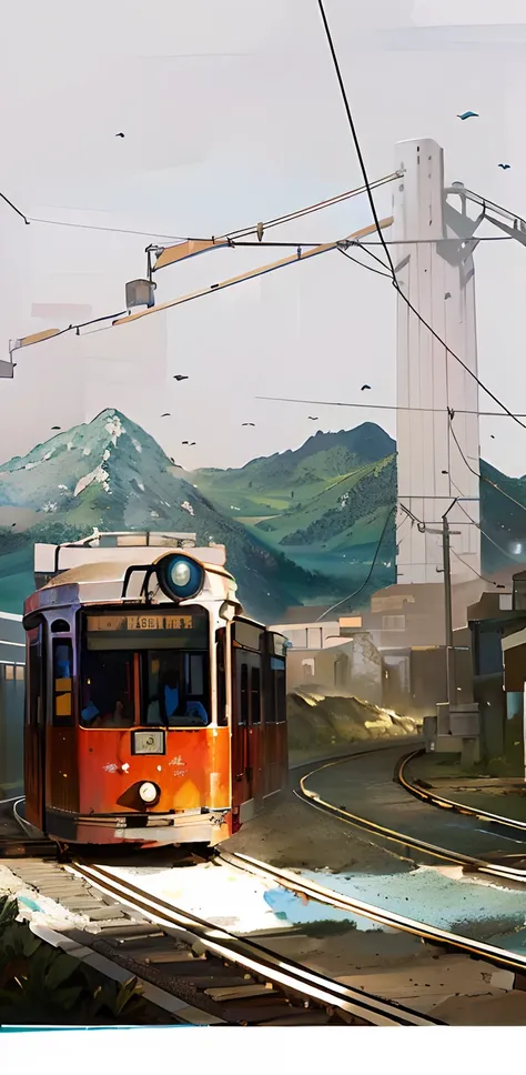Trams run on tracks, There is a bridge in the background，There is a mountain in the distance，HD works，sunlighting，Light and shadow illumination，high definition detail，Oil painting figures works，Illustration matte painting, mattepainting, City tram