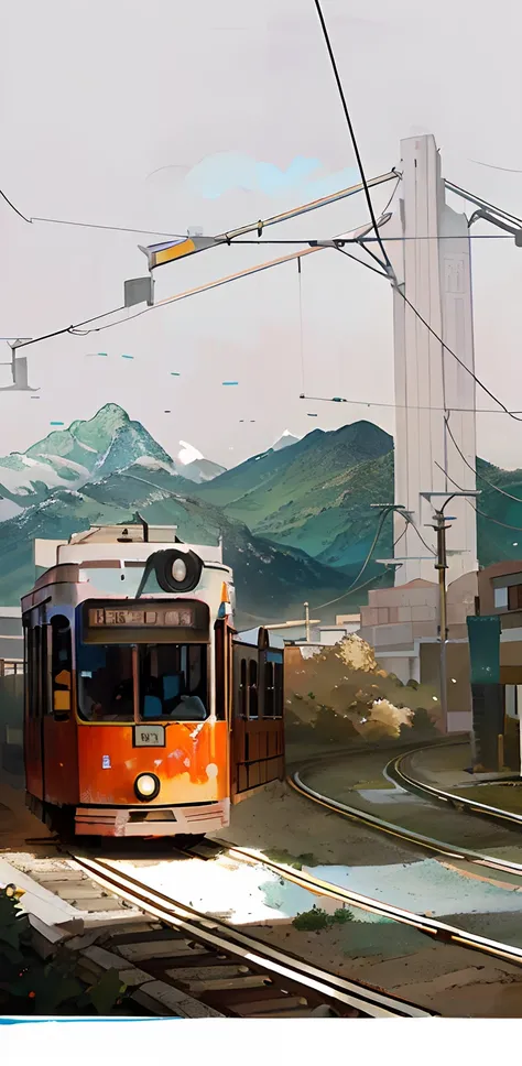 Trams run on tracks, There is a bridge in the background，There is a mountain in the distance，HD works，sunlighting，Light and shadow illumination，high definition detail，Oil painting figures works，Illustration matte painting, mattepainting, City tram