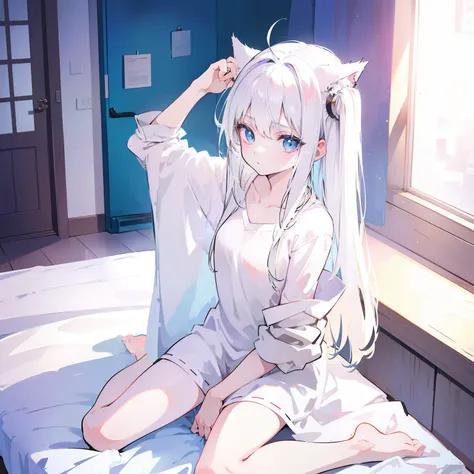 White-haired cat-eared girl，onbed，Sit on your knees，Top-down view，Sleepy eyes，Just woke up，Gape，white  shirt