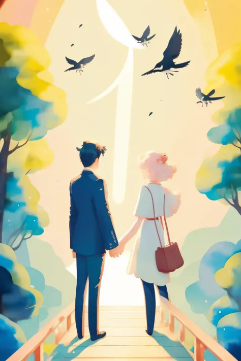 There is one(Inspired by Atey ghailan)， Chengxin Haicheng art style 8K HD Qixi poster，It depicts a man and a woman meeting on a bridge，The background is cloudy，Magpies fly，Huge Full Moon，Close-up，Chinese watercolor style，The hue is bright yellow，